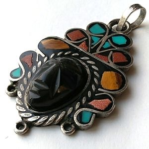 VINTAGE Artisan Sterling Silver Multi Stone Inlay Carved Aztec / Mayan Pendant